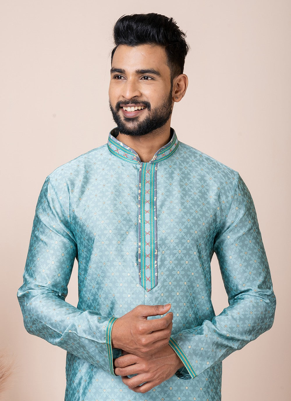 Printed Jacquard Silk Aqua Blue Kurta Pyjama - M8544