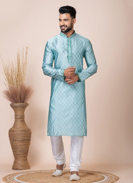 Printed Jacquard Silk Aqua Blue Kurta Pyjama - M8544