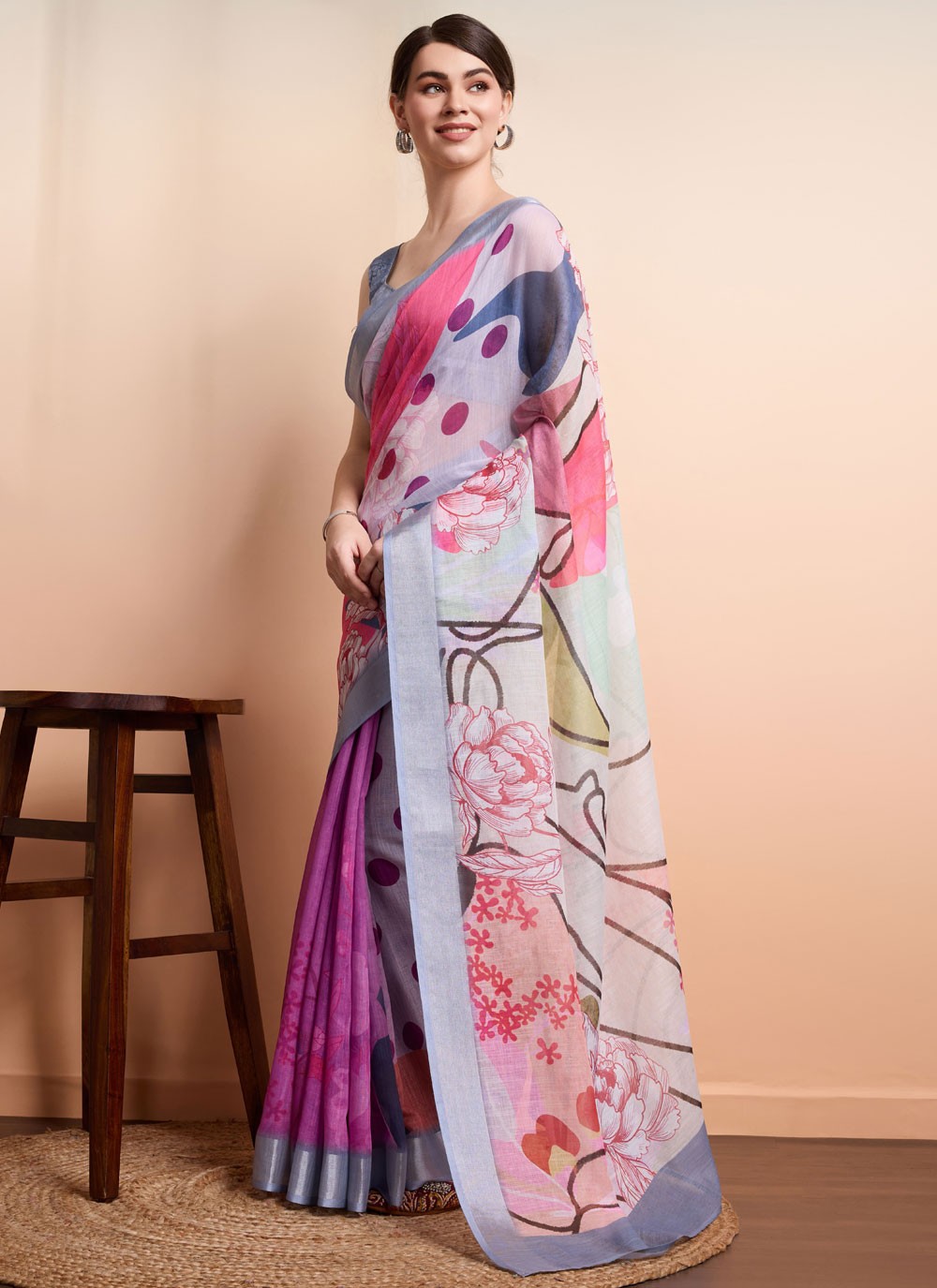 Printed Linen Saree - S12062