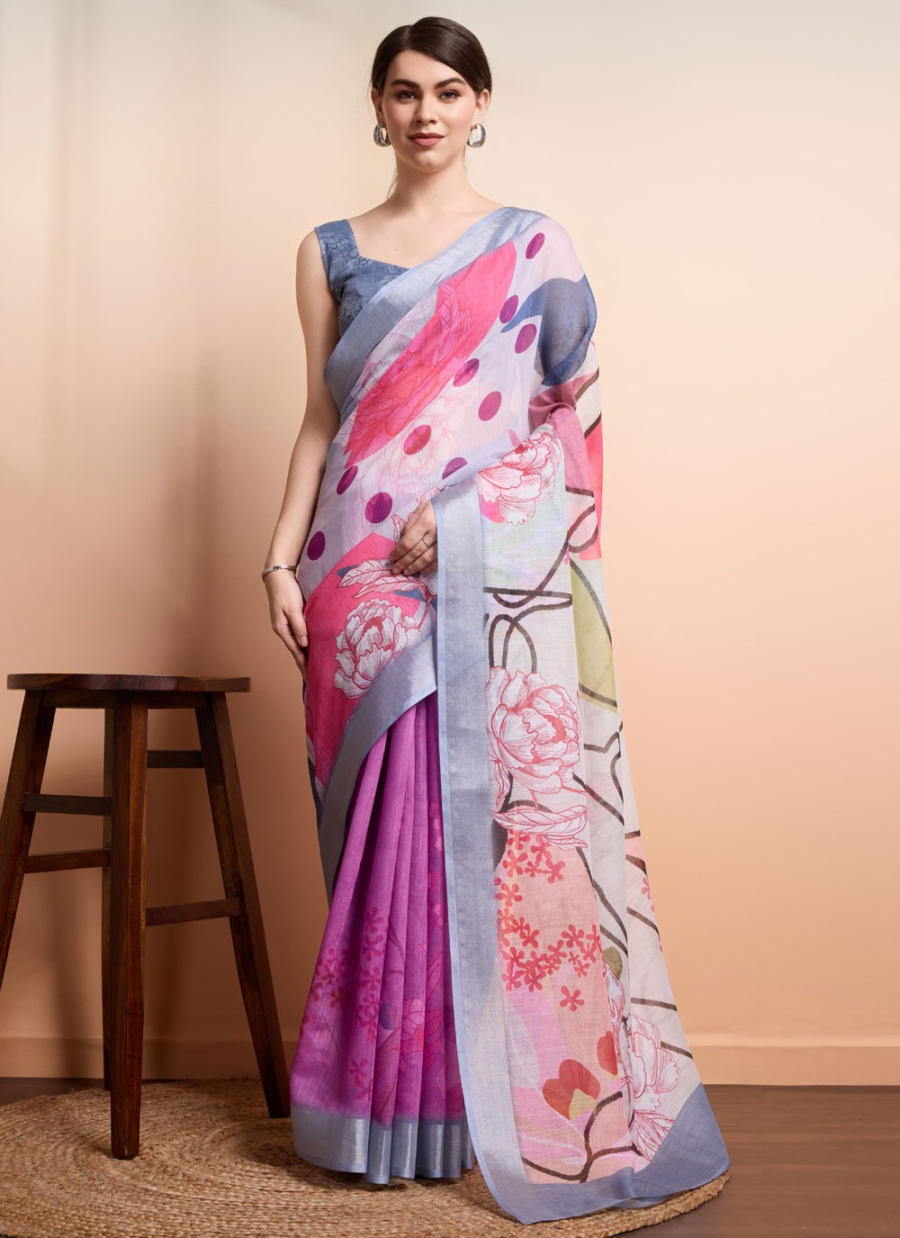 Printed Linen Saree - S12062