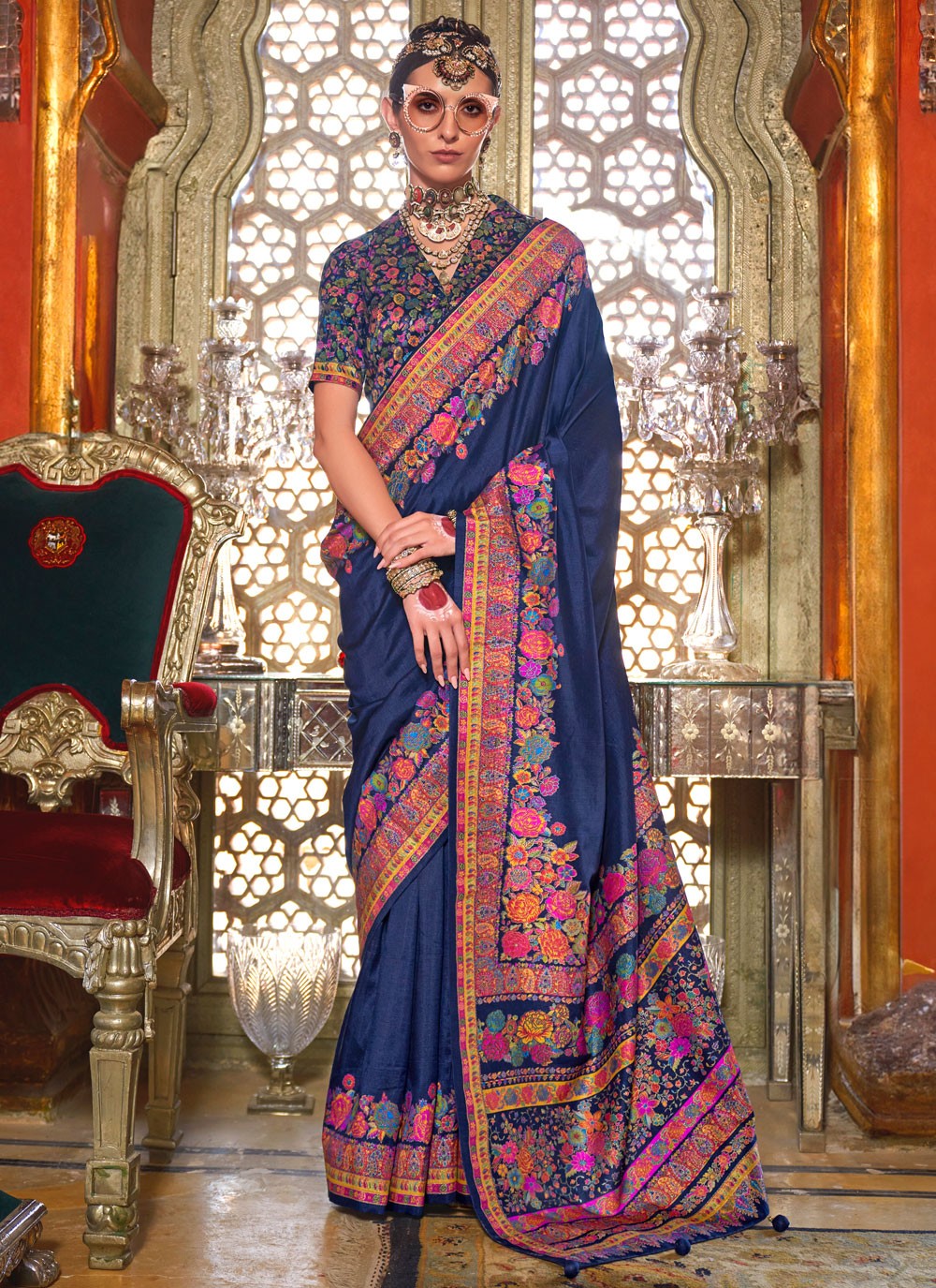 Classic Printed Silk Blue Saree - S10888