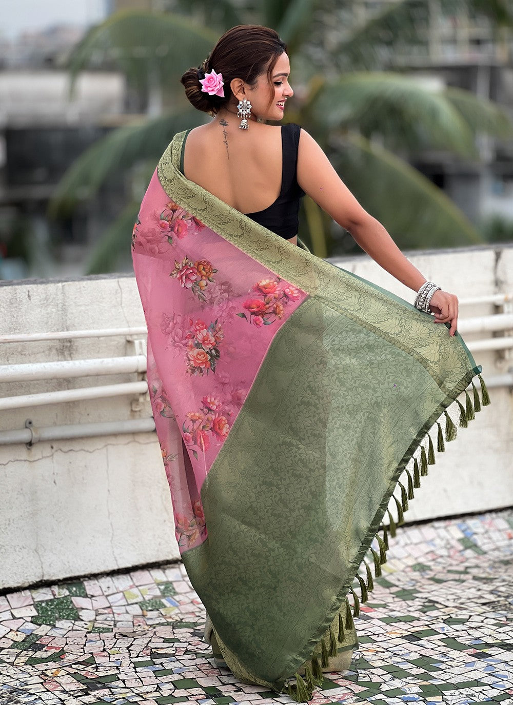 Classic Floral Printed Crush, Tissue Saree - S9573