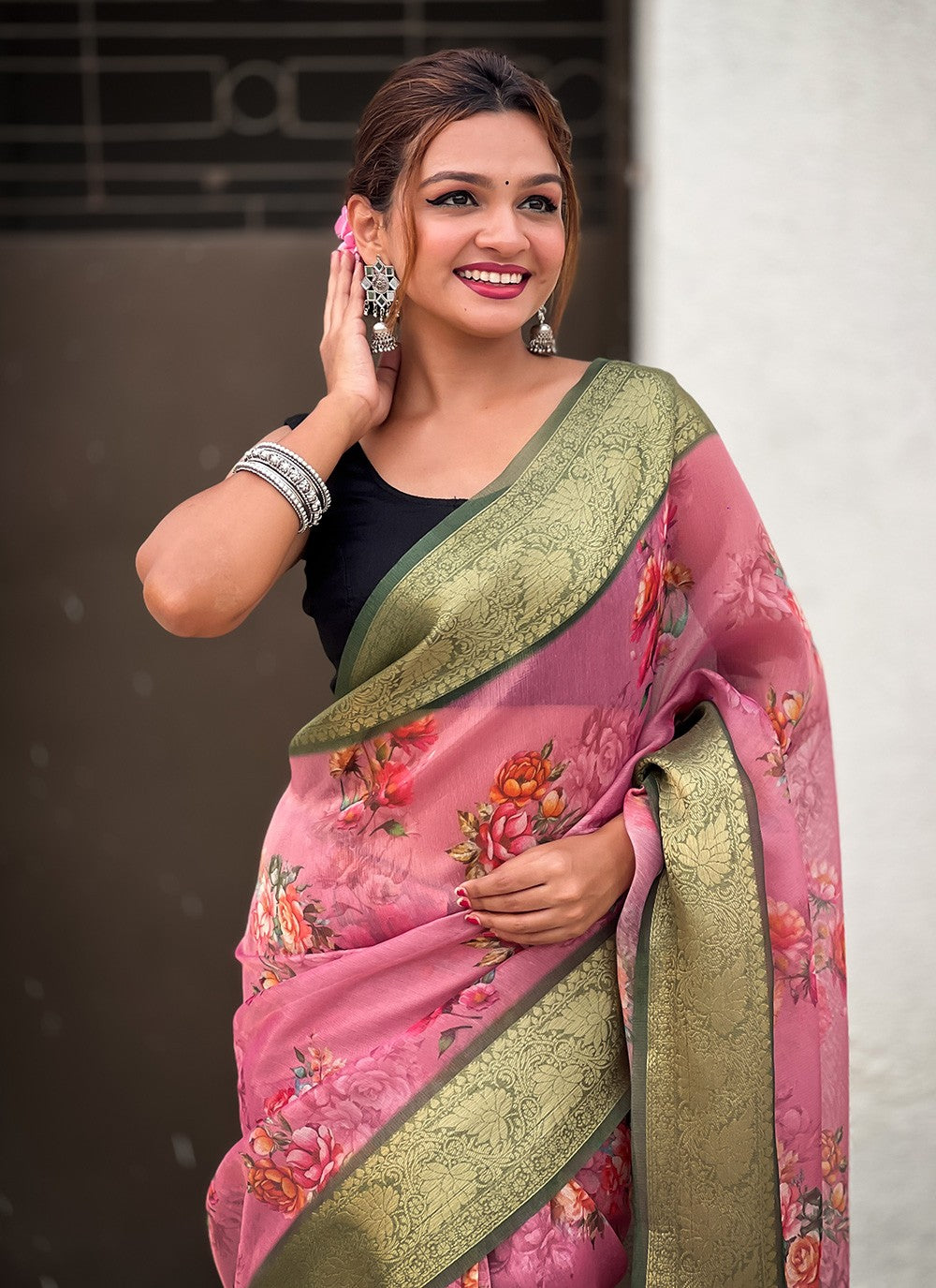 Classic Floral Printed Crush, Tissue Saree - S9573