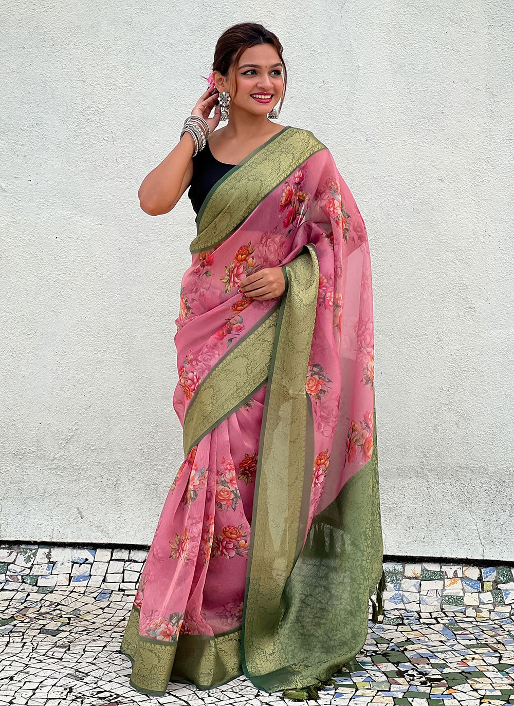 Classic Floral Printed Crush, Tissue Saree - S9573