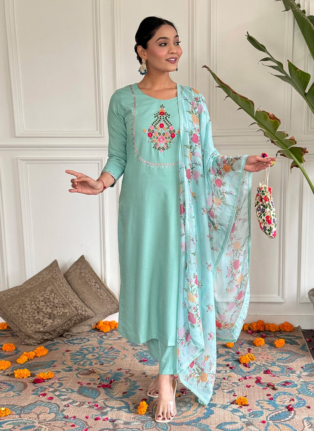 Embroidered Rayon Pant Style Suit - T4726