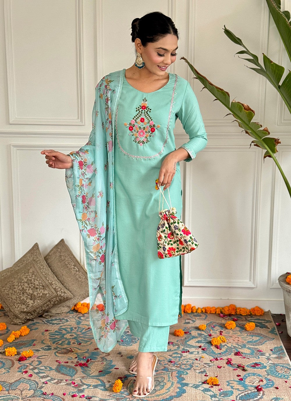 Embroidered Rayon Pant Style Suit - T4726