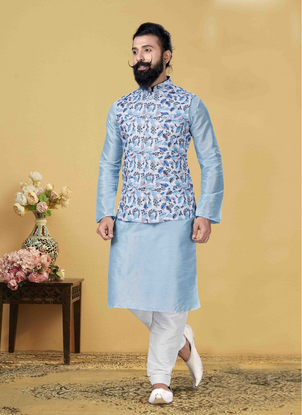 Printed Art Dupion Silk Aqua Blue Kurta Payjama With Jacket - M1725