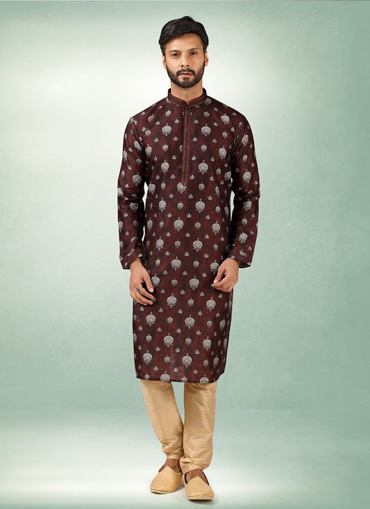 Printed Art Silk Brown Kurta Pyjama - M2869