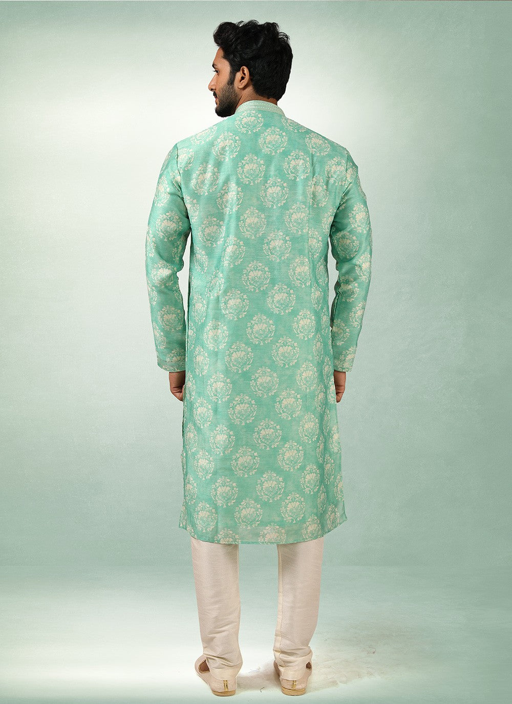 Printed Art Silk Green Kurta Pyjama - M2842