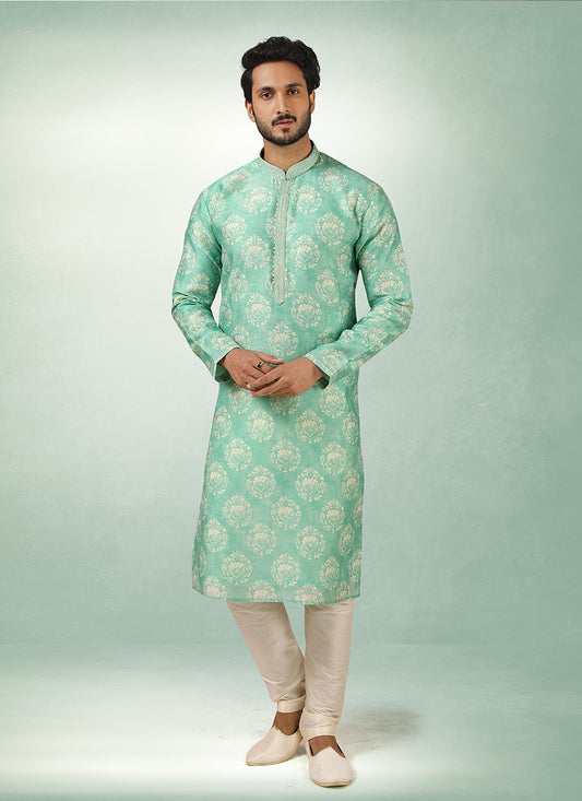 Printed Art Silk Green Kurta Pyjama - M2842