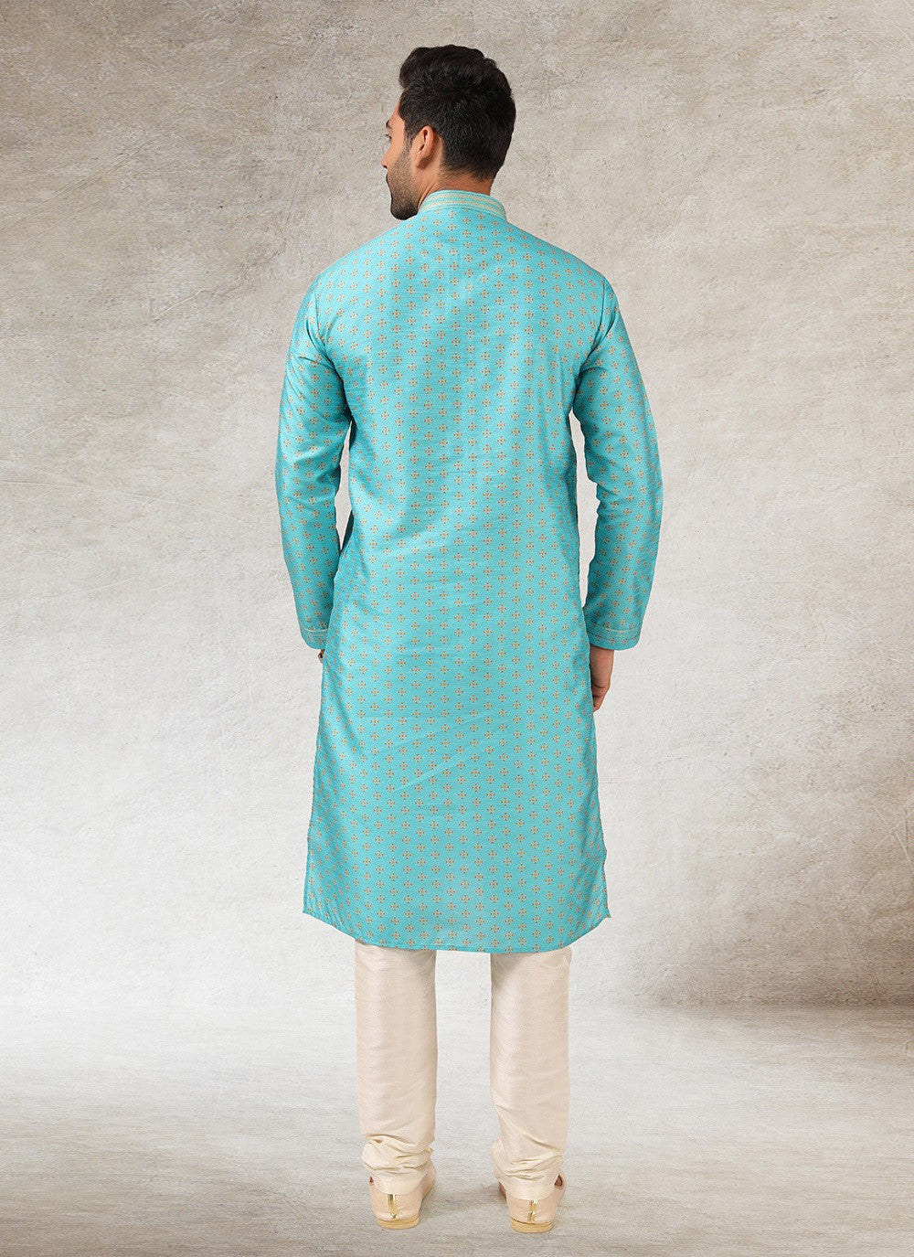 Printed Art Silk Turquoise Kurta Pyjama - M2859