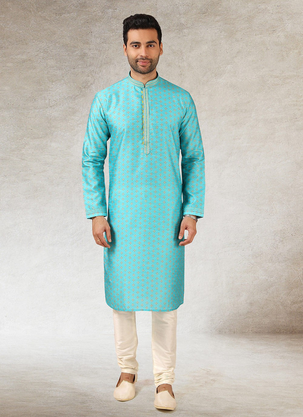 Printed Art Silk Turquoise Kurta Pyjama - M2859