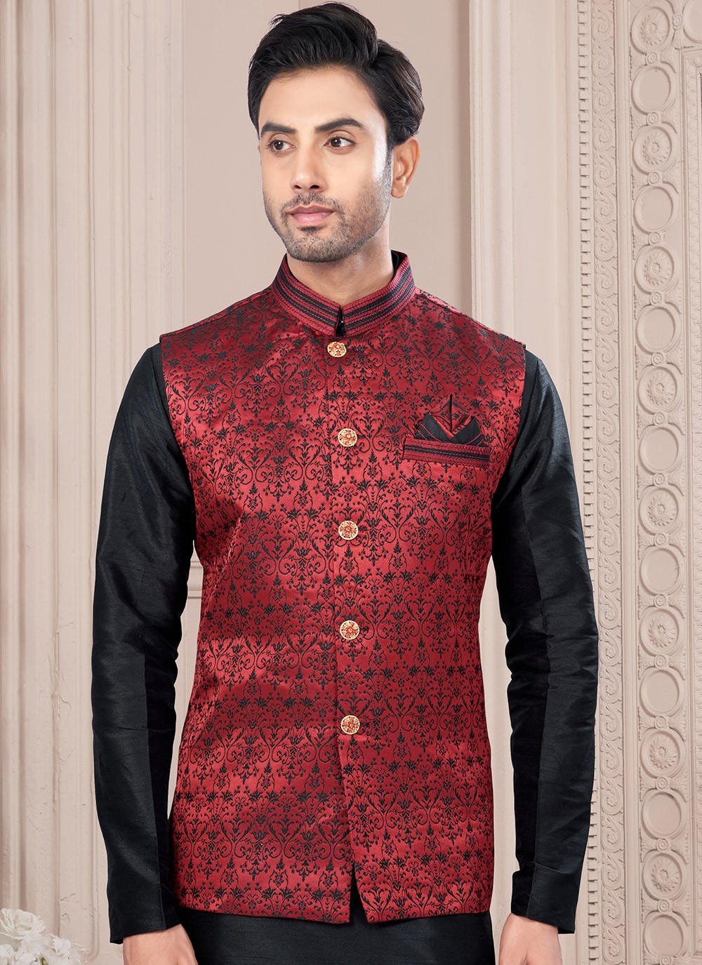 Printed Banarasi Jacquard, Dupion Silk Black, Maroon Kurta Payjama With Jacket - M8680