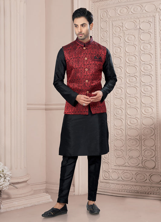 Printed Banarasi Jacquard, Dupion Silk Black, Maroon Kurta Payjama With Jacket - M8680