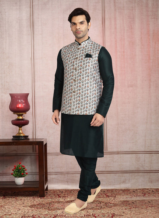 Printed Banarasi Silk Black, Off White Kurta Payjama With Jacket - M2722