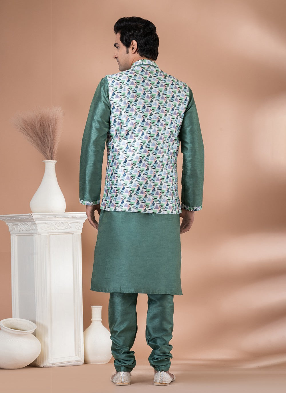 Printed Banarasi Silk Green, Multi Colour Kurta Payjama With Jacket - M7706