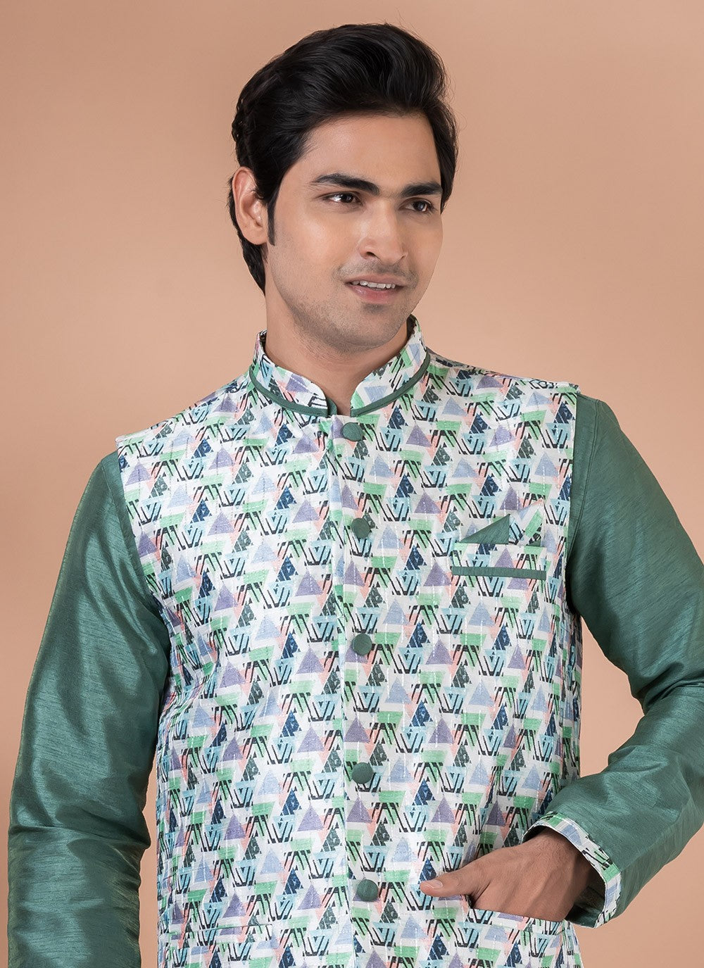 Printed Banarasi Silk Green, Multi Colour Kurta Payjama With Jacket - M7706