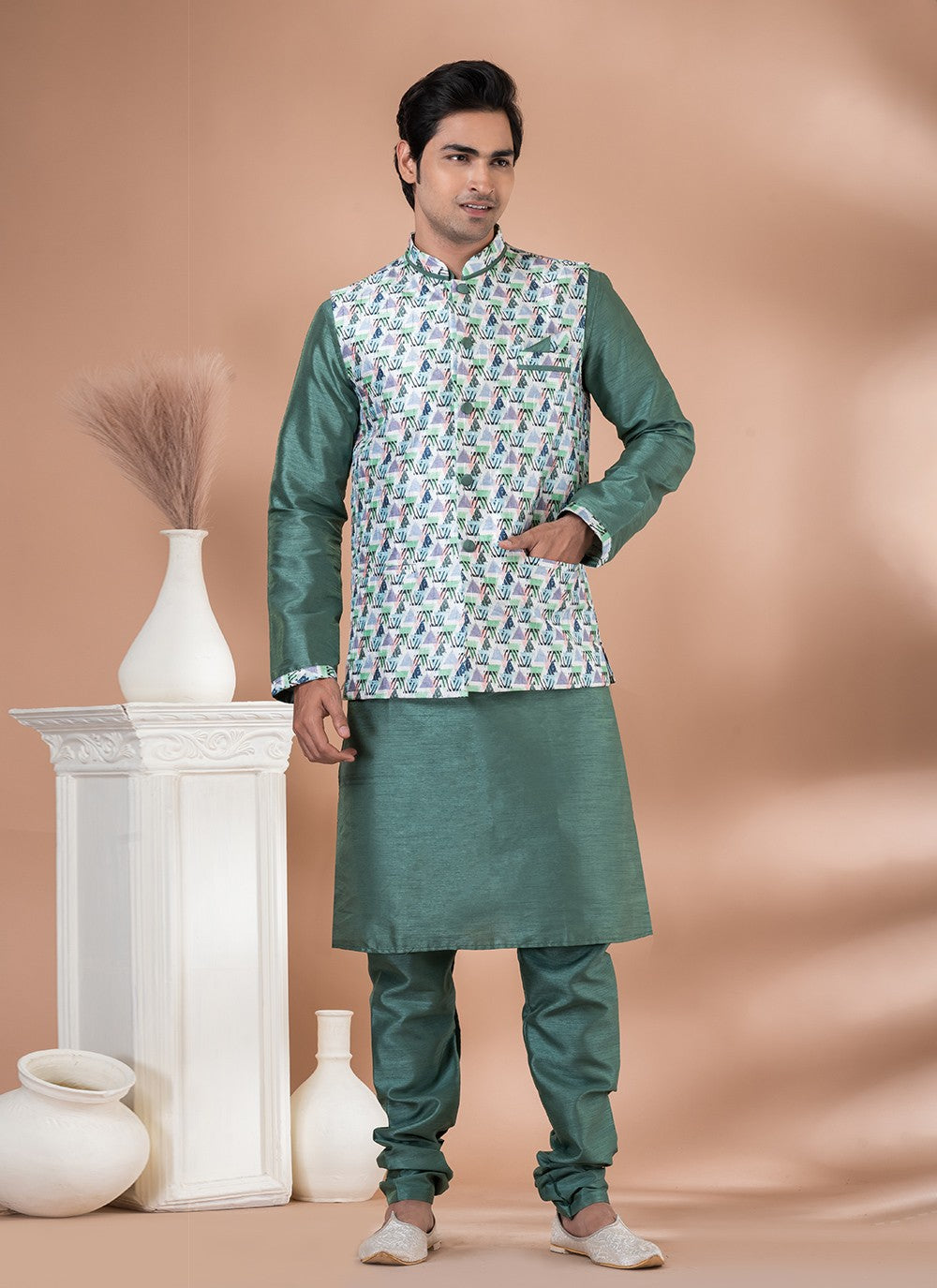 Printed Banarasi Silk Green, Multi Colour Kurta Payjama With Jacket - M7706