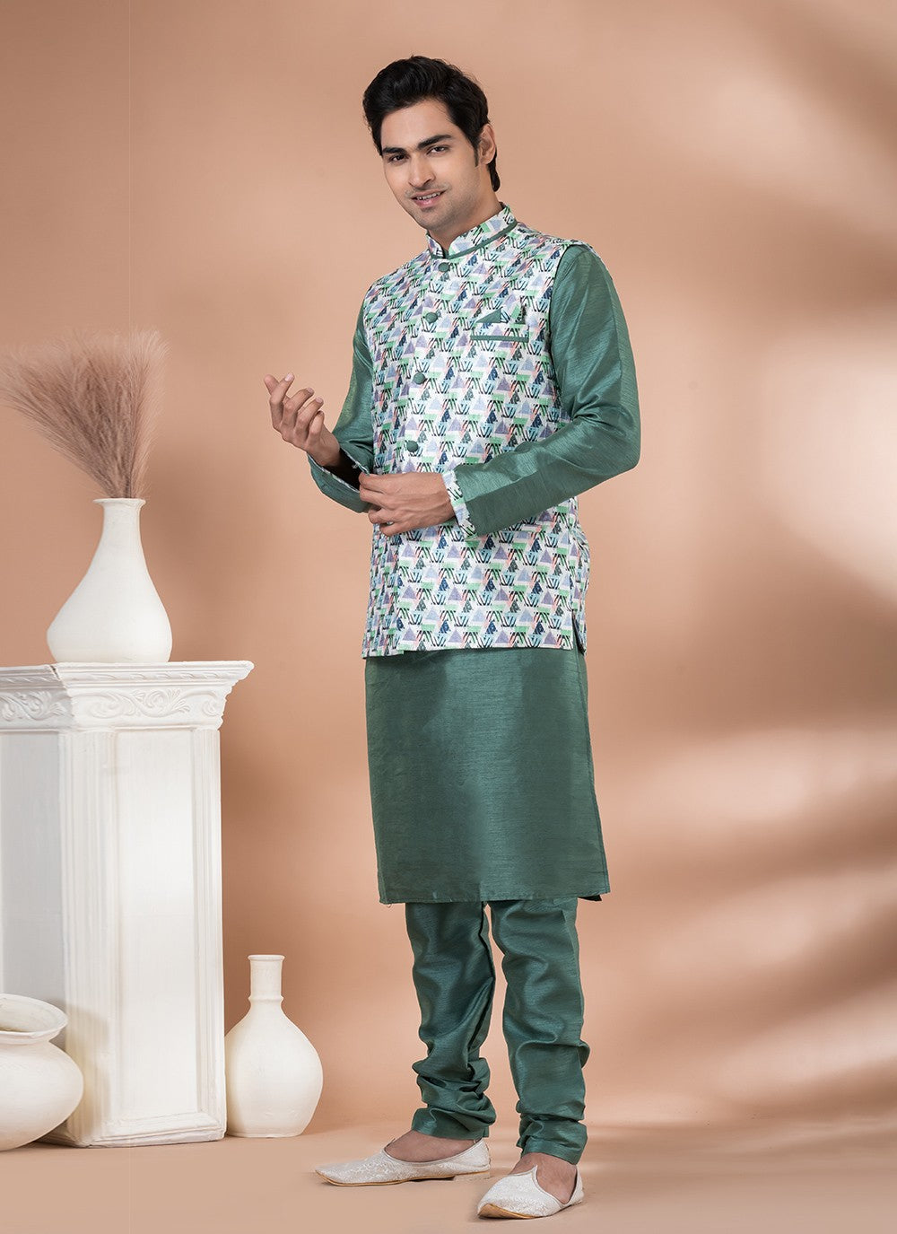 Printed Banarasi Silk Green, Multi Colour Kurta Payjama With Jacket - M7706