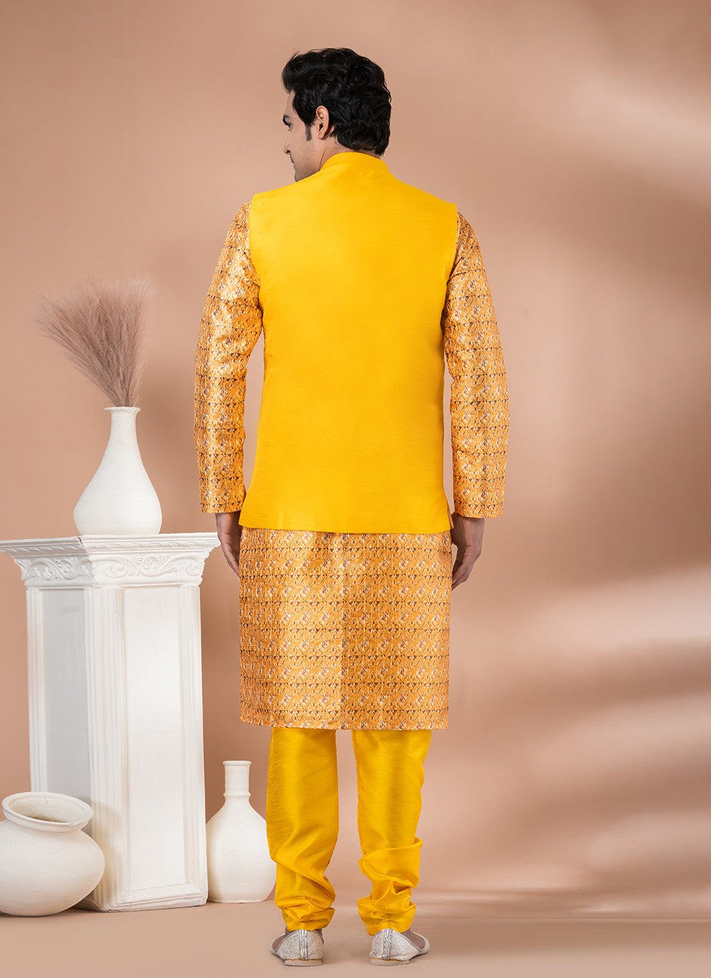 Plain Banarasi Silk Multi Colour, Yellow Kurta Payjama With Jacket - M7714