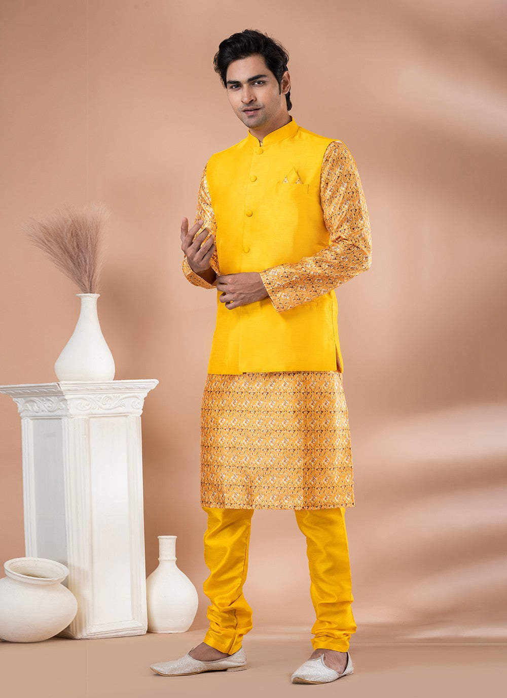 Plain Banarasi Silk Multi Colour, Yellow Kurta Payjama With Jacket - M7714