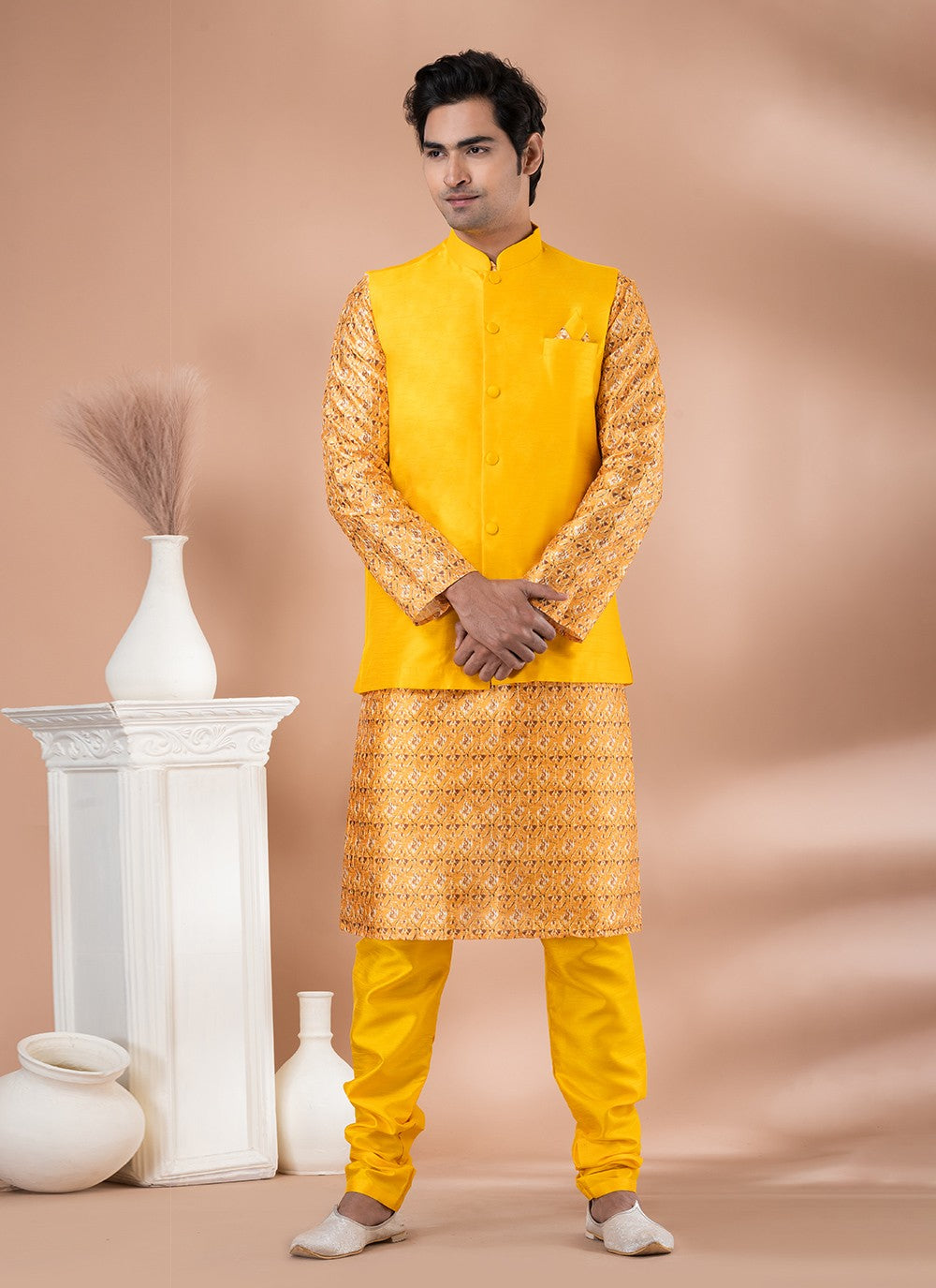 Plain Banarasi Silk Multi Colour, Yellow Kurta Payjama With Jacket - M7714