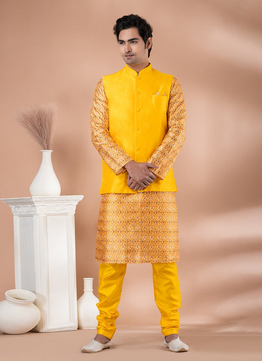 Plain Banarasi Silk Multi Colour, Yellow Kurta Payjama With Jacket - M7714