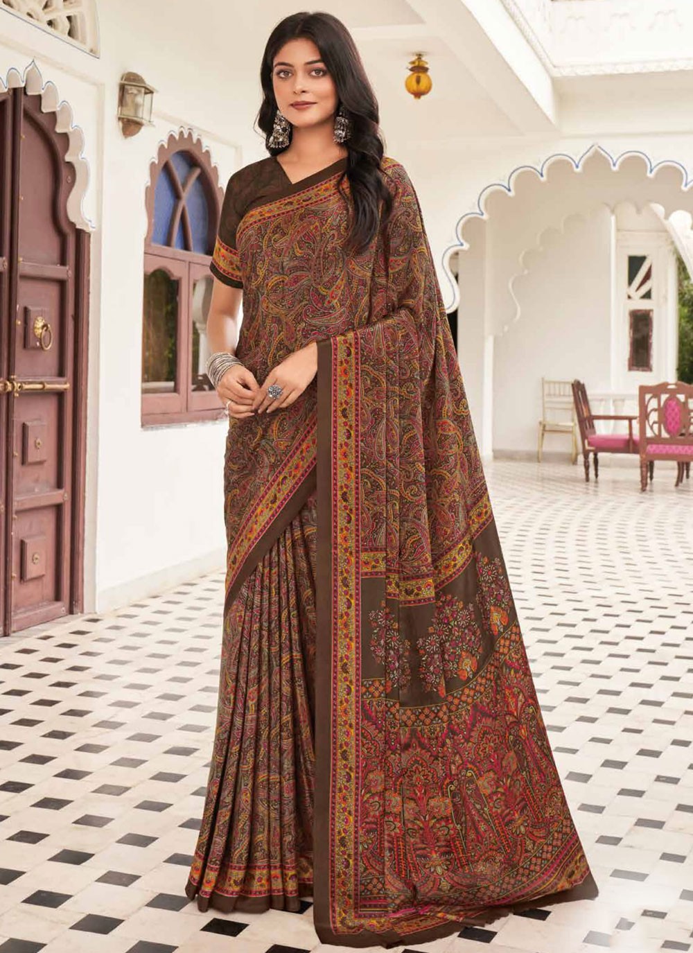 Contemporary Printed Pure Crepe Saree - S9443