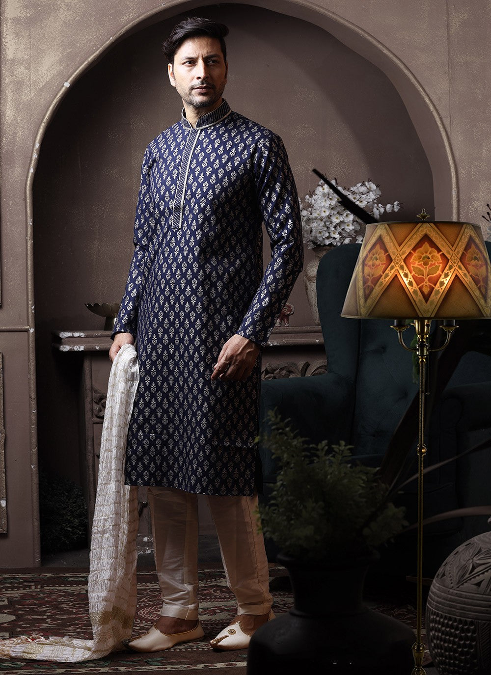 Printed Cotton Blue Kurta Pyjama - M3613