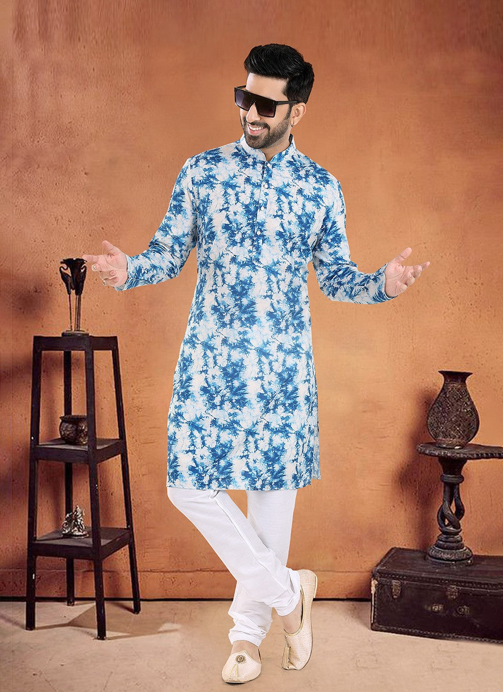 Printed Cotton Blue Kurta Pyjama - M8094