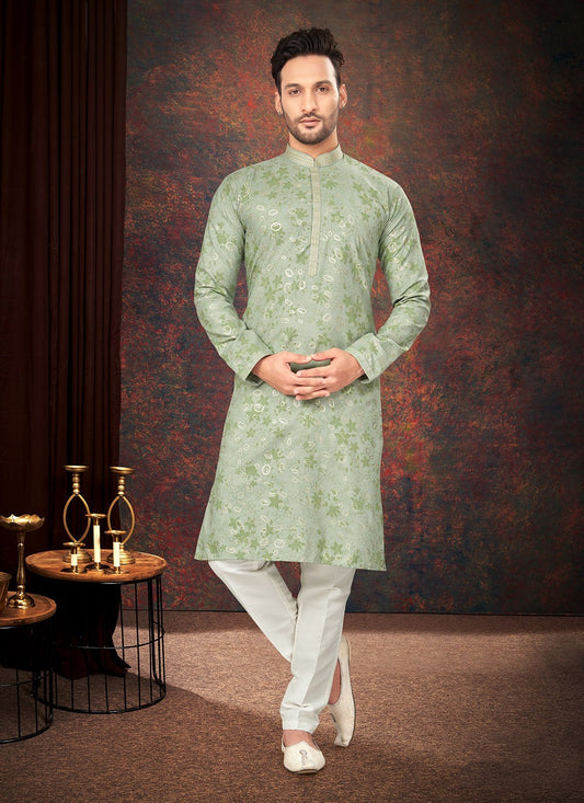 Printed Cotton Green Kurta Pyjama - M7176