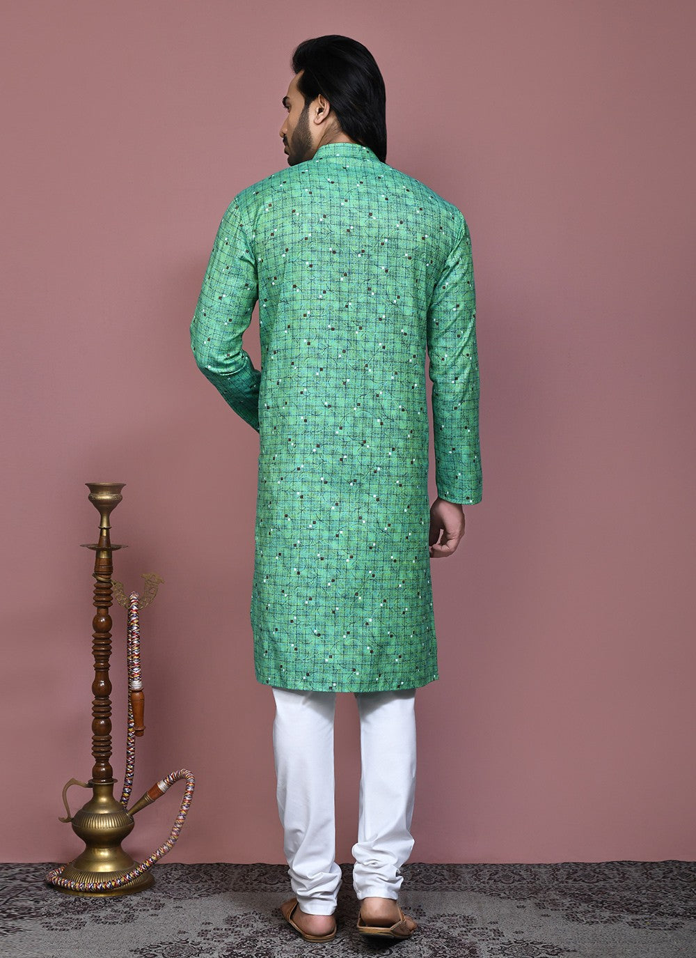 Printed Cotton Green Kurta Pyjama - M7913