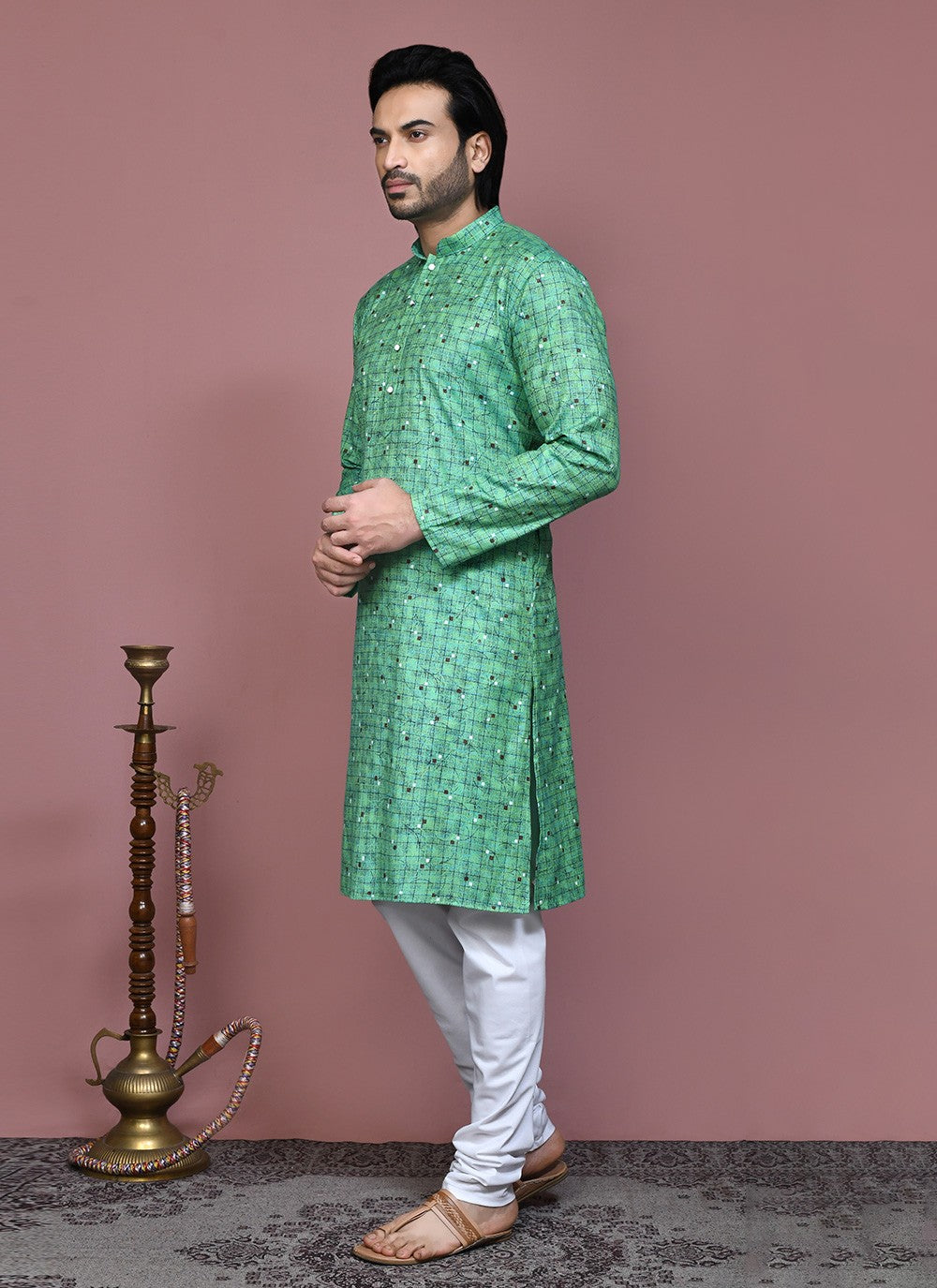 Printed Cotton Green Kurta Pyjama - M7913