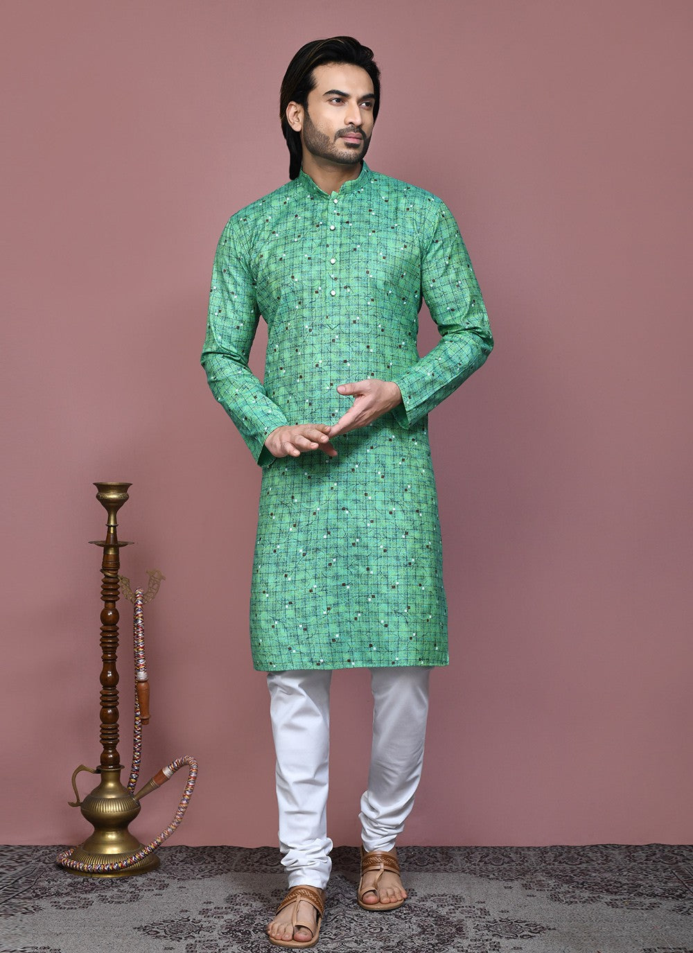 Printed Cotton Green Kurta Pyjama - M7913