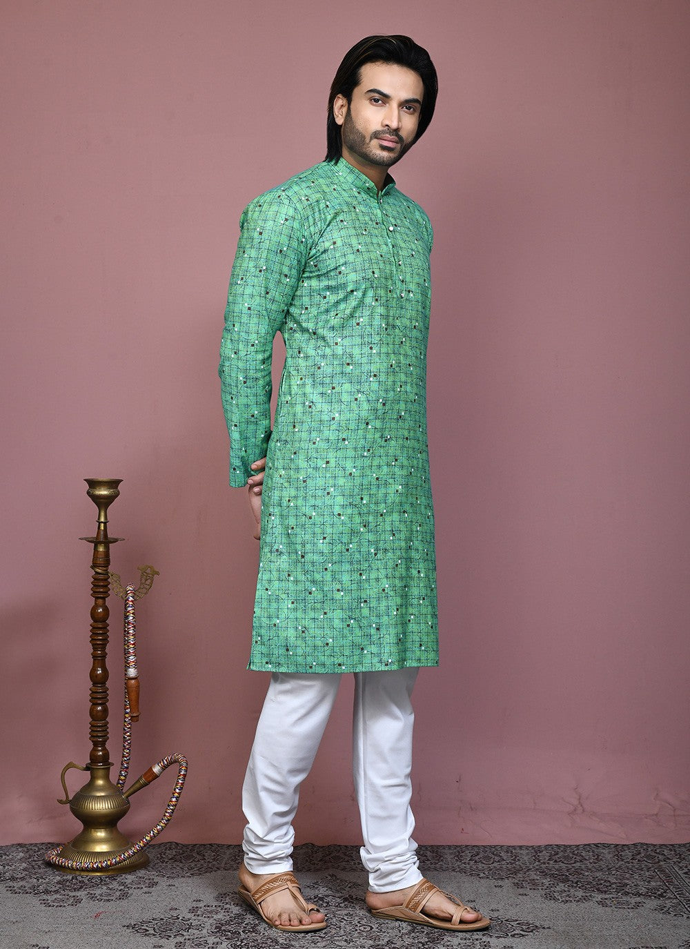 Printed Cotton Green Kurta Pyjama - M7913