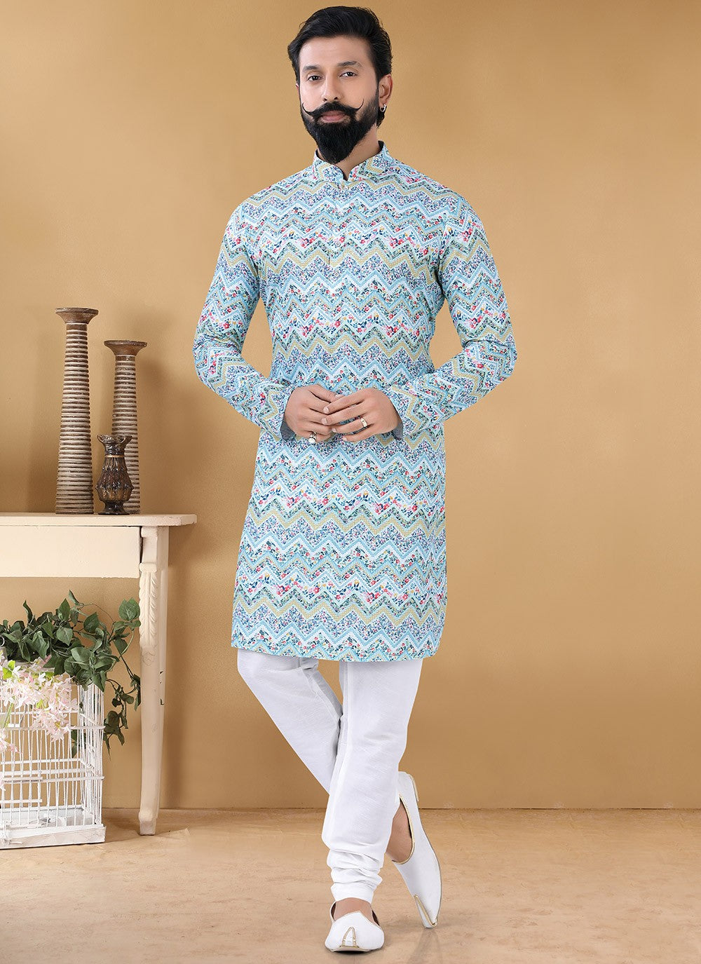 Printed Cotton Multi Colour Kurta Pyjama - M3133