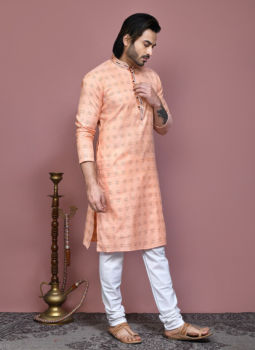 Printed Cotton Orange Kurta Pyjama - M7912