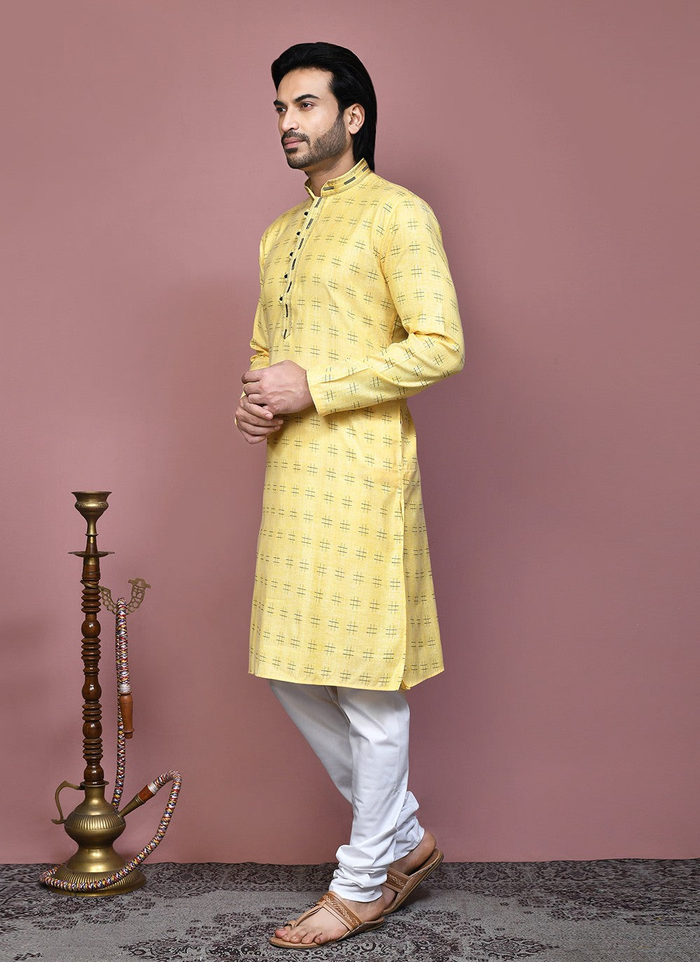 Printed Cotton Yellow Kurta Pyjama - M7907