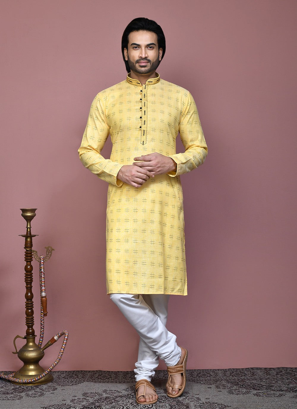 Printed Cotton Yellow Kurta Pyjama - M7907