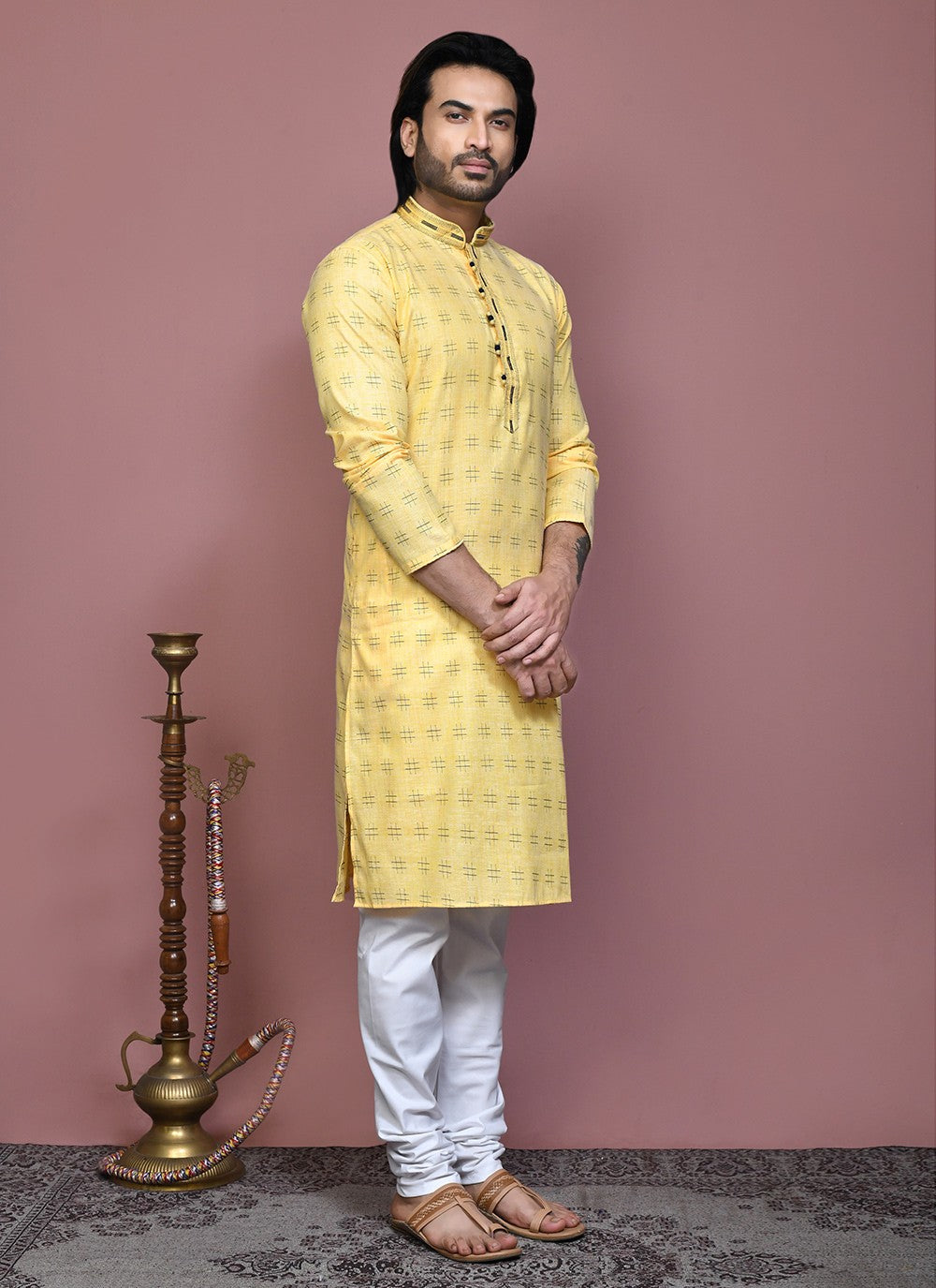 Printed Cotton Yellow Kurta Pyjama - M7907