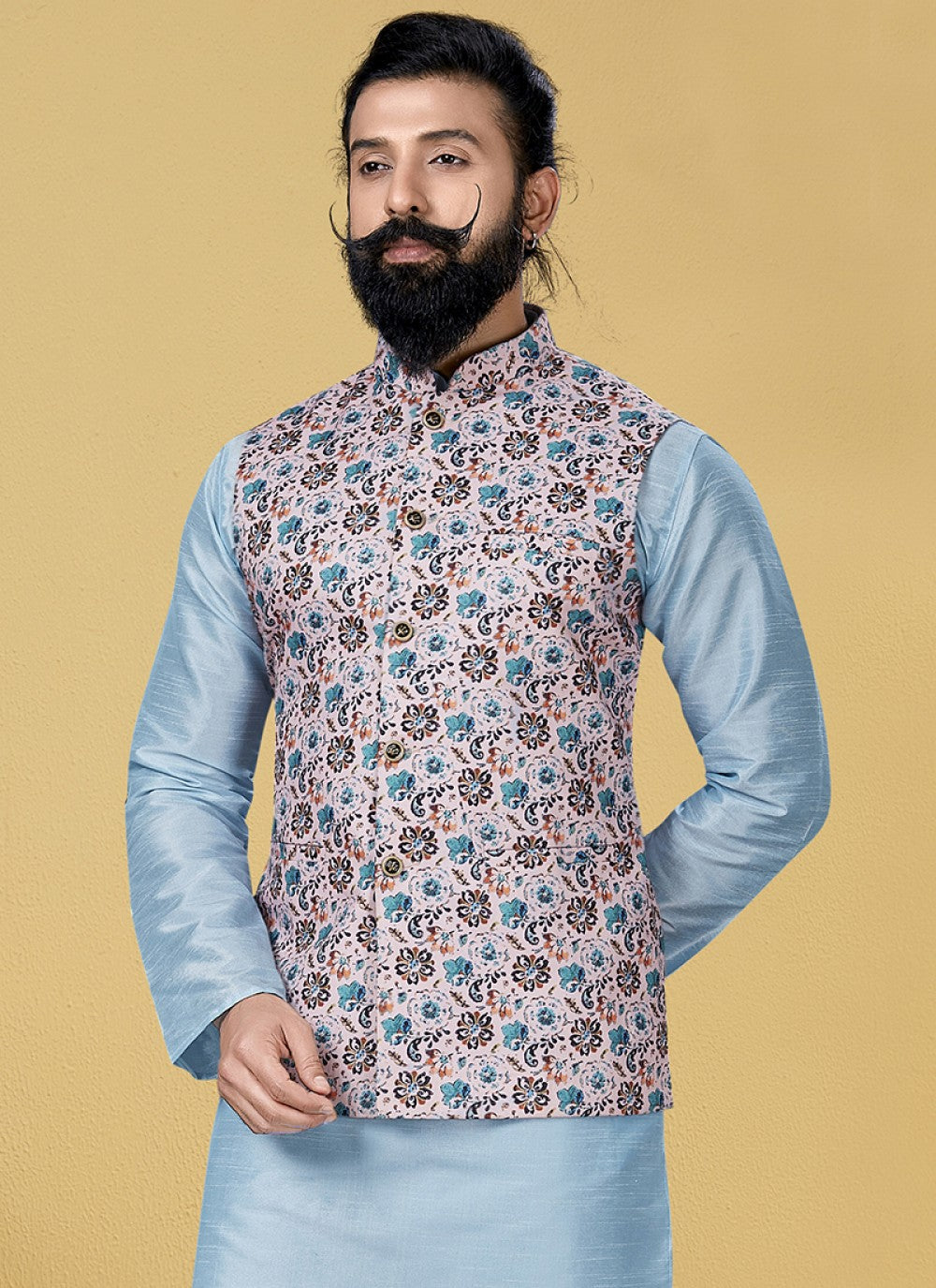 Printed Cotton Peach Nehru Jackets - M1874