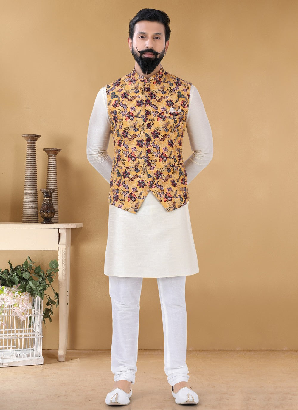 Printed Cotton Yellow Nehru Jackets - M4653