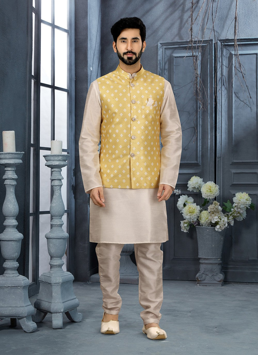 Printed Dupion Silk Off White, Yellow Kurta Payjama With Jacket - M2903