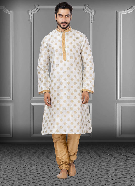 Printed Dupion Silk Off White Kurta Pyjama - M3717