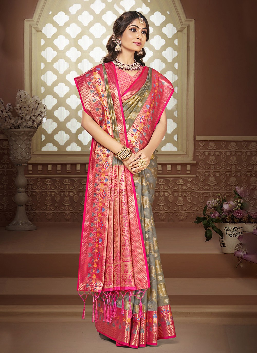 Contemporary Printed Silk Pink Saree - S11210