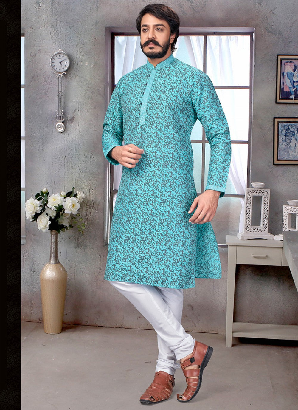 Printed Jacquard Silk Turquoise Kurta Pyjama - M1887