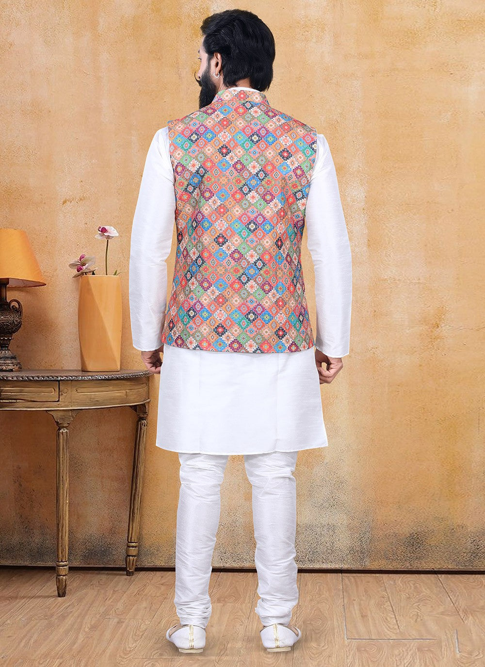 Printed Lucknowi Multi Colour, Off White Kurta Payjama With Jacket - M3356