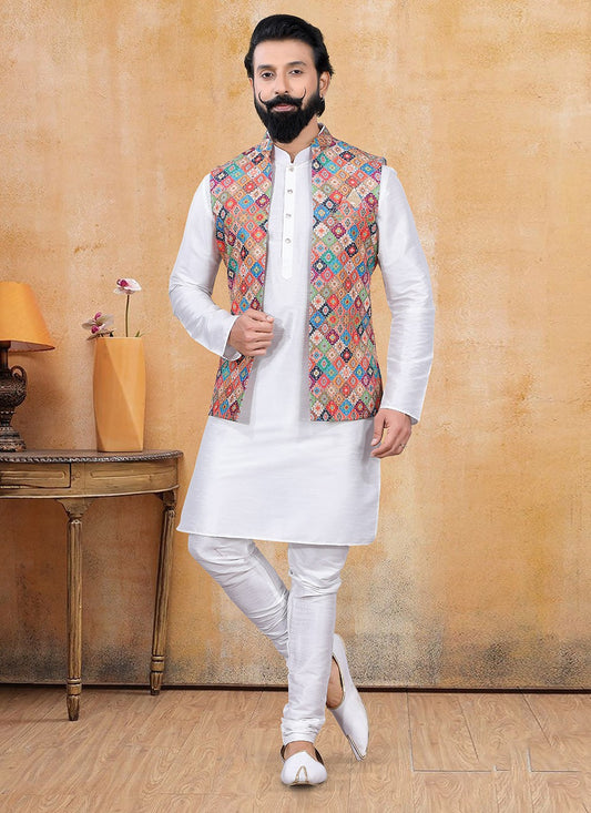 Printed Lucknowi Multi Colour, Off White Kurta Payjama With Jacket - M3356