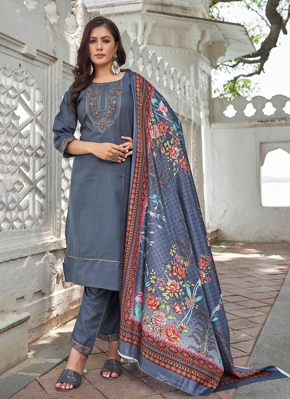 Embroidered Cotton Pant Style Suit - T4714