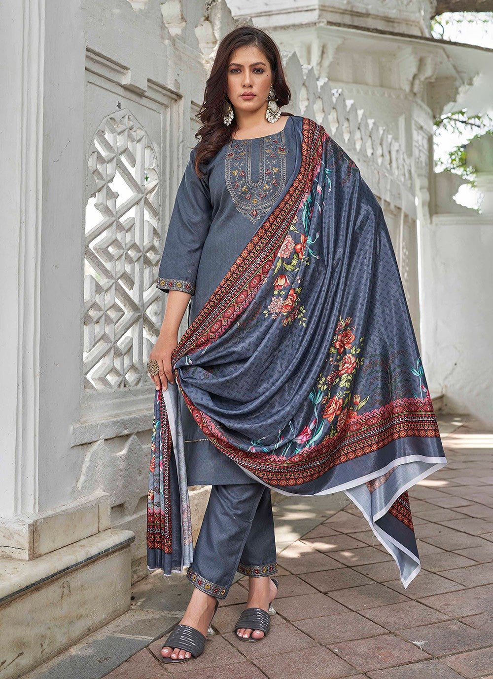 Embroidered Cotton Pant Style Suit - T4714